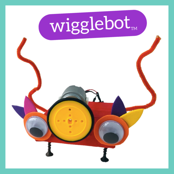 Framed graphic featuring Wigglebot robot. Turquoise square frame. "wigglebot TM" in white in purple pill-shape. Wigglebot robot is mainly red with big googly eyes and yellow wheel on front, nail legs, motor and orange pipe-cleaners on back.