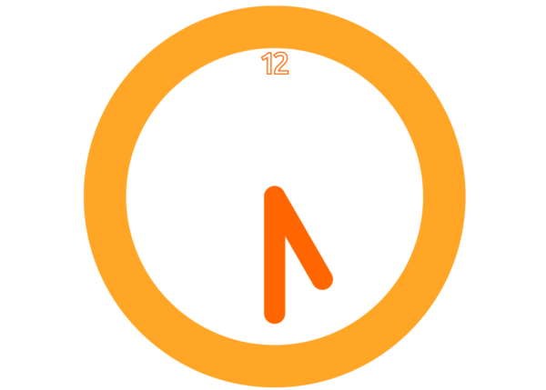 Simple illustration in 2 shades of orange and white, of a clock depicting 5:30.