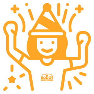 Orange line illustration (on white) of person smiling, with arms raised in air. Person is wearing a party hat. There are lines and stars of celebration behind the person.