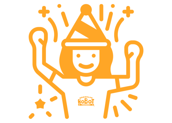 Orange line illustration (on white) of person smiling, with arms raised in air. Person is wearing a party hat. There are lines and stars of celebration behind the person.