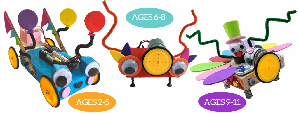 Picture of three robots with bubbles next to each with age range. On far left is a Birthday Car with "AGES 2-5" in white in orange oval. In the middle is Wigglebot robot with "AGES 6-8" in white in turquoise oval. On the right is a Bucking Bronco robot with a purple oval with white lettering "AGES 9-11".