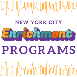 Simple illustration with the words "New York City Enrichment Programs" in colorful letters in the middle and a simple skyline outline on the bottom and top.