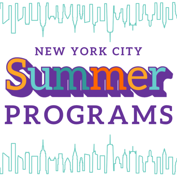 Simple illustration with the words "New York.City Summer Programs" in colorful letters in the middle and a simple skyline outline on the bottom and top.