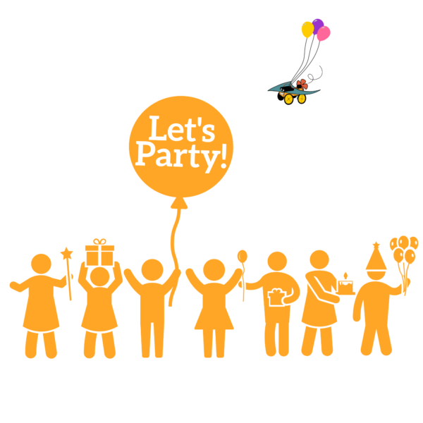 Simple silhouette illustration orange on white of children with party accessories - presents, balloons, cake. A very large orange balloon has white letters "Let's Party". Small illustration of Proppy Jalopy robot with balloons flies in upper right corner.