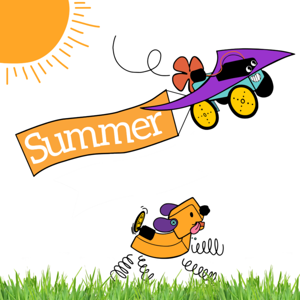Colorful illustration with a sun in the corner and a puppy robot running in the grass, with a plane robot flying over trailing an orange banner that reads "Summer"