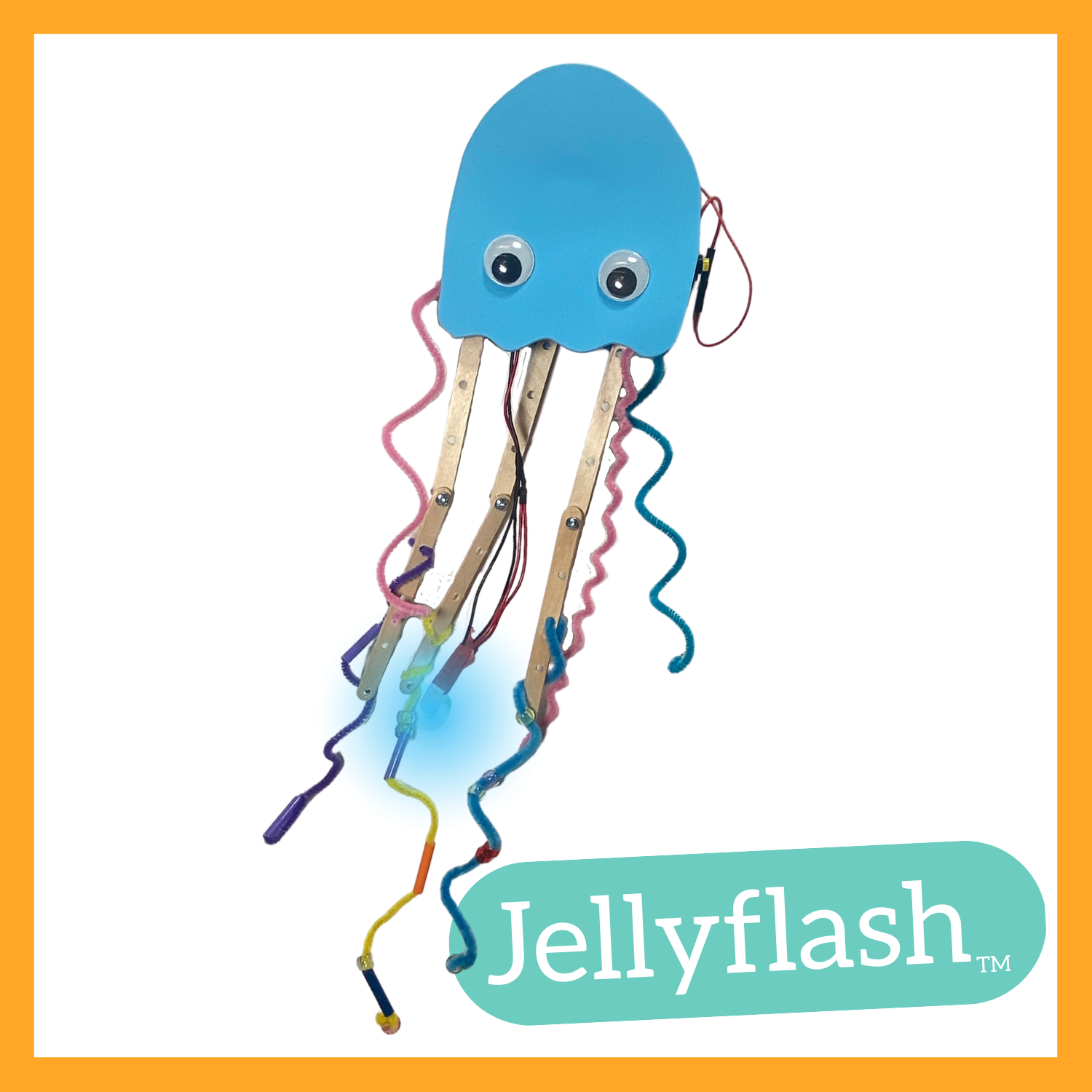 Text: Jellyflash TM Image: Photo of Jellyflash robot with an orange frame