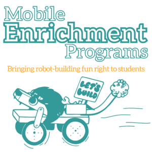 Text: Mobile Enrichment Programs: Bringing robot-building fun right to students. Illustration of lion-like robot with sign that reads " Let's Build"