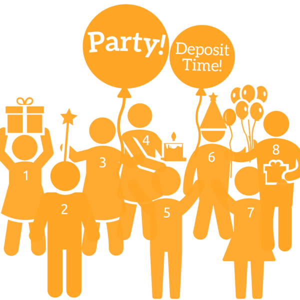 Orange on white graphic image. Silhouette of 8 numbered children stick figures, some holding balloons, presents, & cake. There is a large balloon that reads "Party!" and another that reads "Deposit Time!"