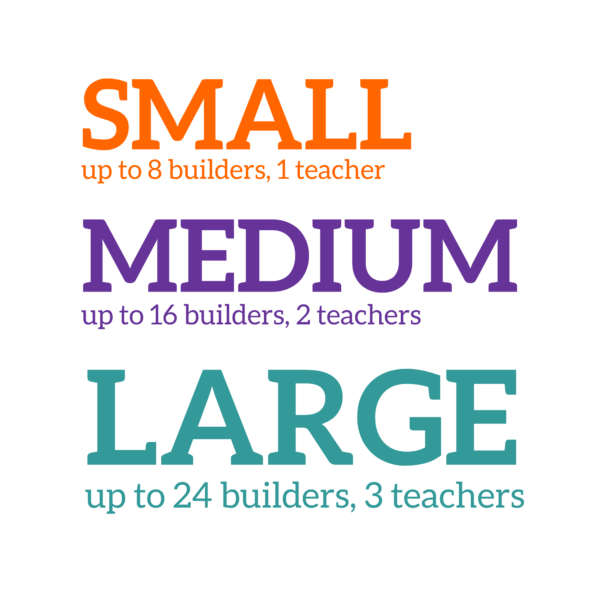 Text: Small: up to 8 builders, 1 teacher; Medium: up to 16 builders, 2 teachers; Large: up to 24 builders, 3 teachers