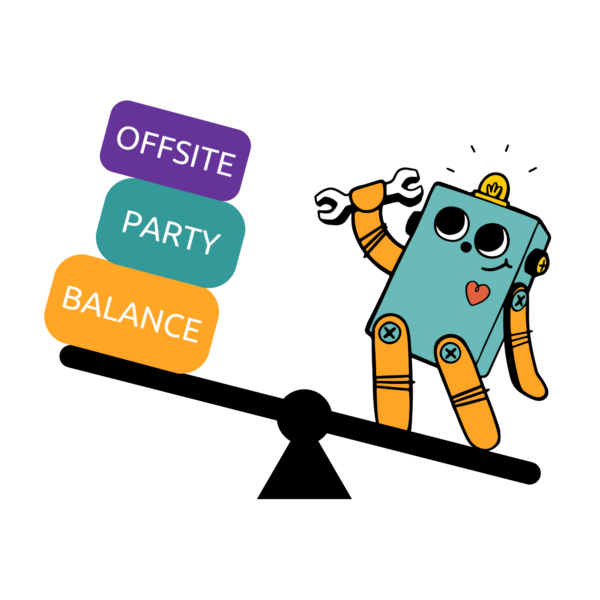 Illustration of a scale with Bitsy Bot on the heavier side and three colorful blocks on the lighter side. The blocks read "Offsite Party Balance"