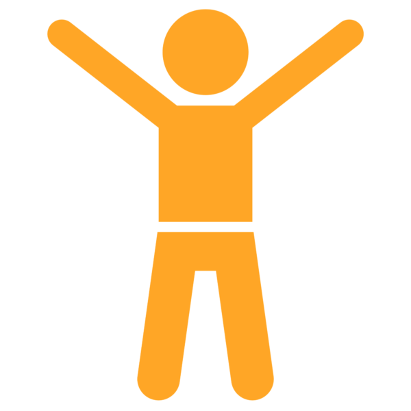 A simple drawing of a person with its arms up in the air and legs slightly spread. It is all one color and that color is a light orange.