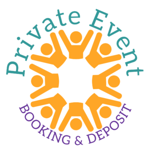 Graphic of 8 silhouetted stick figures (waist up only) in a circle with the words "Private Event" on top and "Booking & Deposit" below