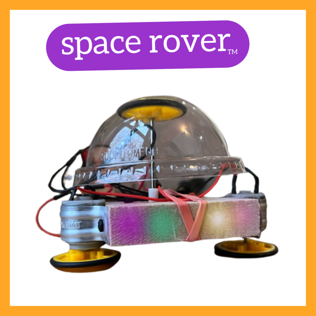 photo of a sample Space Rover robot with the name in white letters in a purple bubble beneath it.