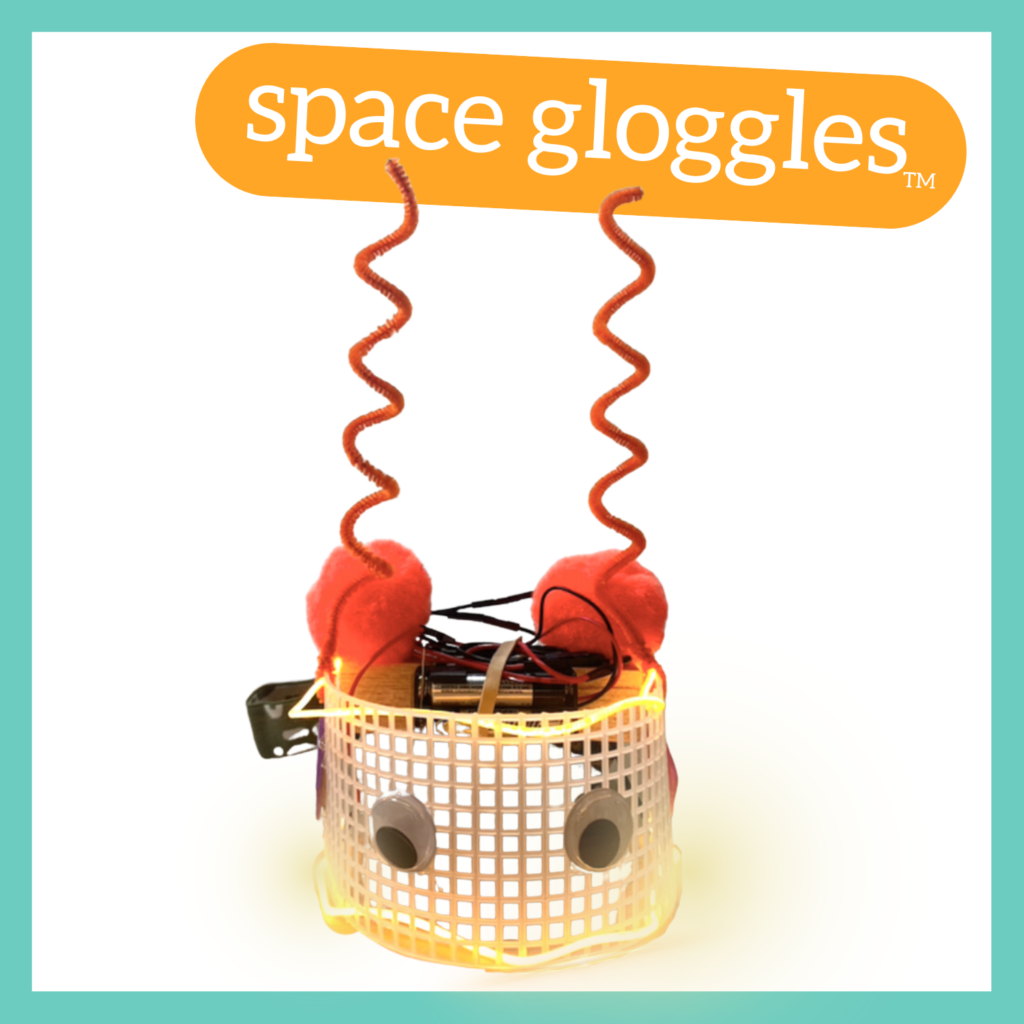 photo of a sample Space Gloggles robot with the name in white letters in a orange bubble above it.