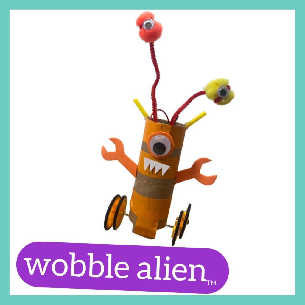 photo of a sample Wobble Alien robot with the name in white letters in a purple bubble beneath it.