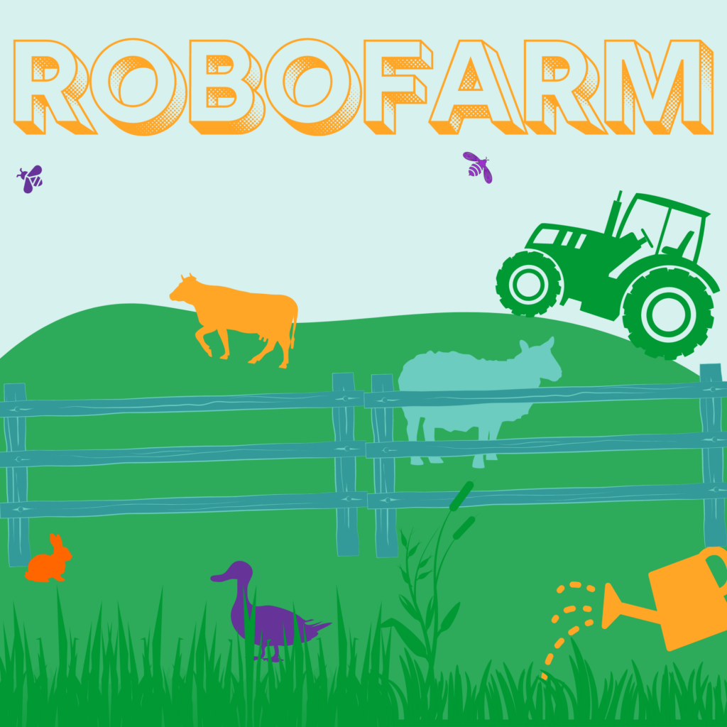 Colorful illustration for the Robo Farm theme week featuring a farm scene with a tractor and some farm animals in silhouette