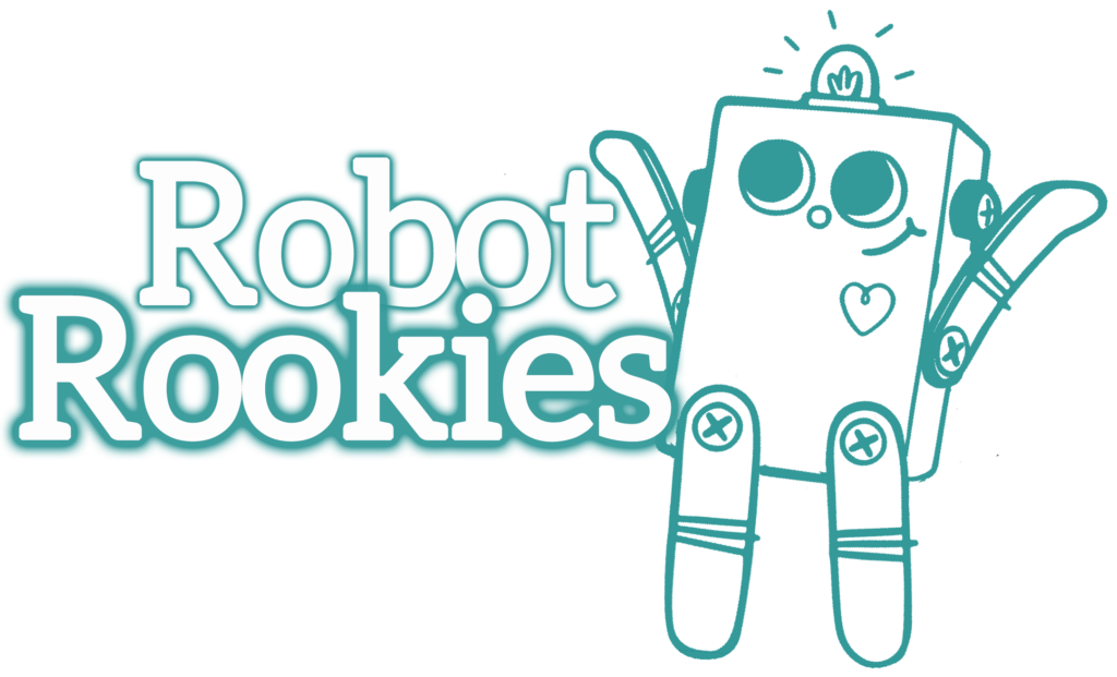 White bubble letters at the top, outlined in turquoise "Robot Rookies". Orange subheadline: "weekly STEAM classes for kindergartners". A turquoise outline illustration of the BitsyBot robot with it’s arms raised is on the right.