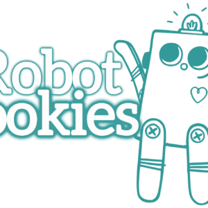 White bubble letters at the top, outlined in turquoise "Robot Rookies". Orange subheadline: "weekly STEAM classes for kindergartners". A turquoise outline illustration of the BitsyBot robot with it’s arms raised is on the right.