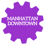 Purple gear with white letters: Manhattan Downtown