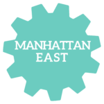 Teal gear with white letters: Manhattan East