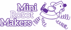 Mini Robot Makers graphic. White bubble letters on the left, outlined in purple "Mini Robot Makers". A purple outline illustration of the Pet Puppyborg robot is on the right.