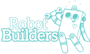 White bubble letters outlined in turquoise "Robot Builders". A turquoise outline illustration of the BitsyBot robot is on the right.