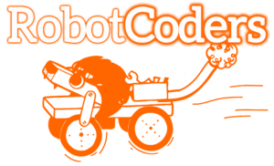 Orange outlined type: "Robot Coders" with an orange illustrated lion-like robot underneath