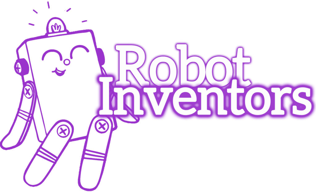 Robot Inventors graphic. White bubble letters at the top, outlined in purple "Robot Inventors". A purple outline illustration of the BitsyBot robot is on the left.