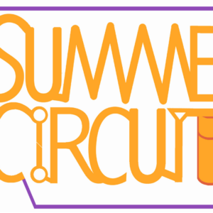 The Summer Circuits logo - Orange lettering spelling “Summer Circuits” that resembles an electric circuit lighting an illustrated teal LED.