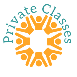 Graphic of 8 orange stick figure torsos forming a circle. Above it, in teal lettering, are the words "Private Classes"