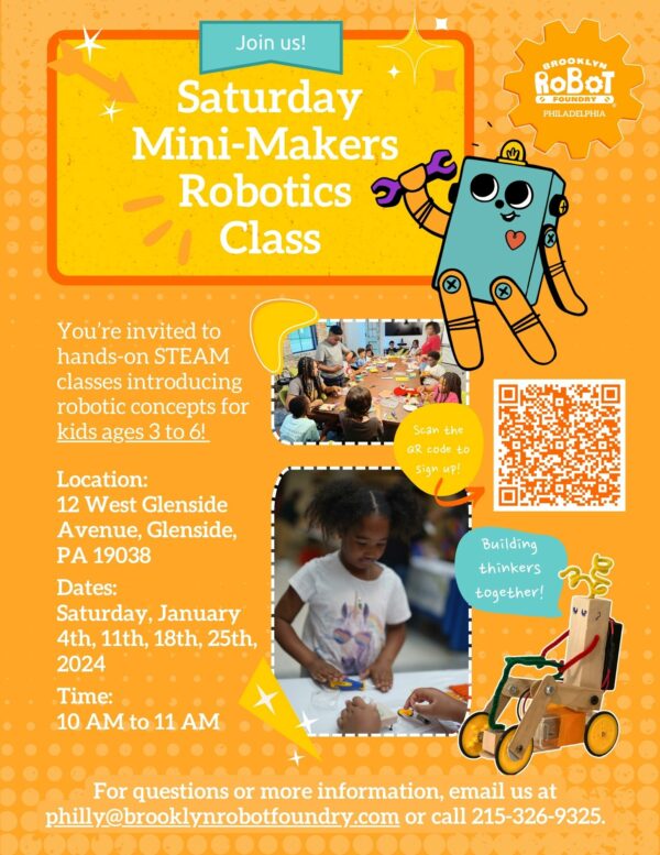 1 hour robot building class for Mini Makers ages 3-6 in Glenside, PA