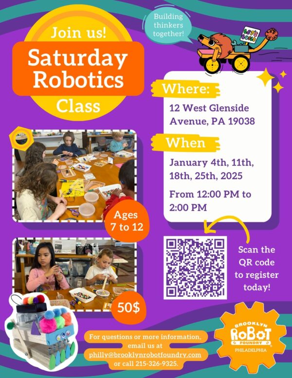 January 2025 Saturday Robotics Boot Camp flyer for Glenside, PA