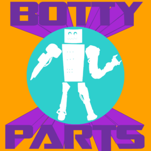 Illustrated logo for Botty Parts theme week. Orange background. The white silhouette of robot in a teal circle sits in the middle with the words "Botty Parts" in purple above and below it.