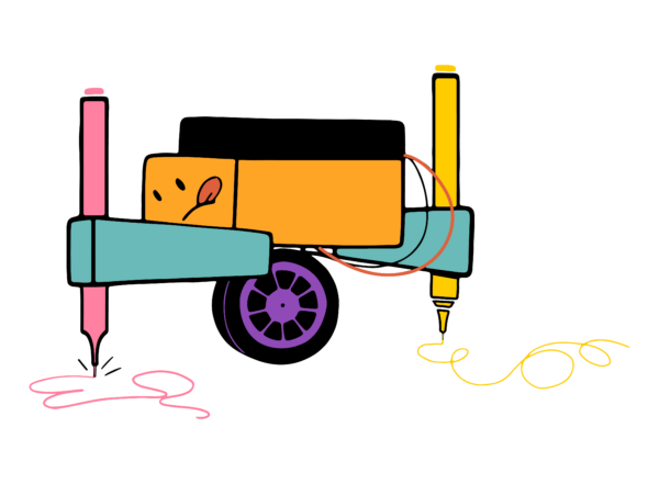 Illustrated drawing of the Art-o-matron robot. The robot is holding two makers (pink and yellow) and making doodles on the ground.