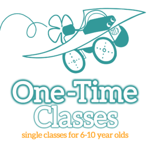 One Time Classes graphic: White bubble letters toward the bottom, outlined in dark teal, spell "One Time Classes". There is an orange subheader beneath: "single classes for 6-10 year olds". A dark teal outline illustration of the Proppy Jalopy robot is on the top, as if flying off.