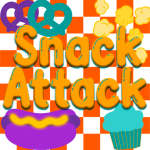 Illustrated logo for Snack Attack theme week. A red and white checker background with the words "Snack Attack" in bright orange puffy lettering. Silhouetted snack foods surround the words - dark teal and purple pretzels, orange popcorn, a teal cupcake, and a purple hot dog.