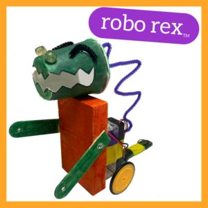 Photograph of a Robo Rex robot with the words "robo rex TM" over it in white in a purple bubble