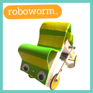 Photograph of a Roboworm robot with a teal frame around it and the word "roboworm tm" in white lettering in an orange bubble