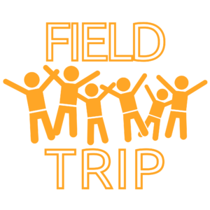 The words "Field Trip" in outlined orange type at the top and bottom of the white square with orange stick figures with their arms in the air in the middle.