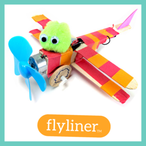 Photograph of a Flyliner robot in a teal square frame, with the word "flyliner tm" in white in an orange bubble.
