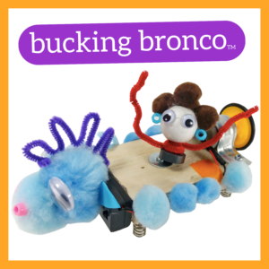 Framed bucking bronco robot with text
