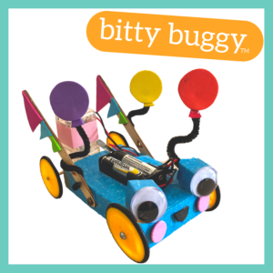 Framed bitty buggy robot with text
