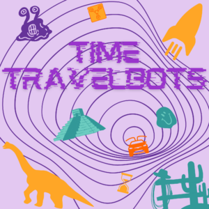 Purple Time Travelbots collage with different outlines of images from the past and future