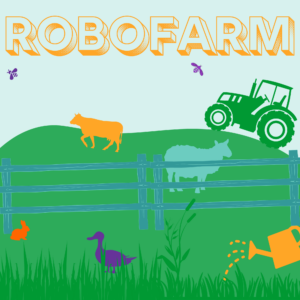 Robo Farm logo among landscape of farm landscape, equipment and animlas