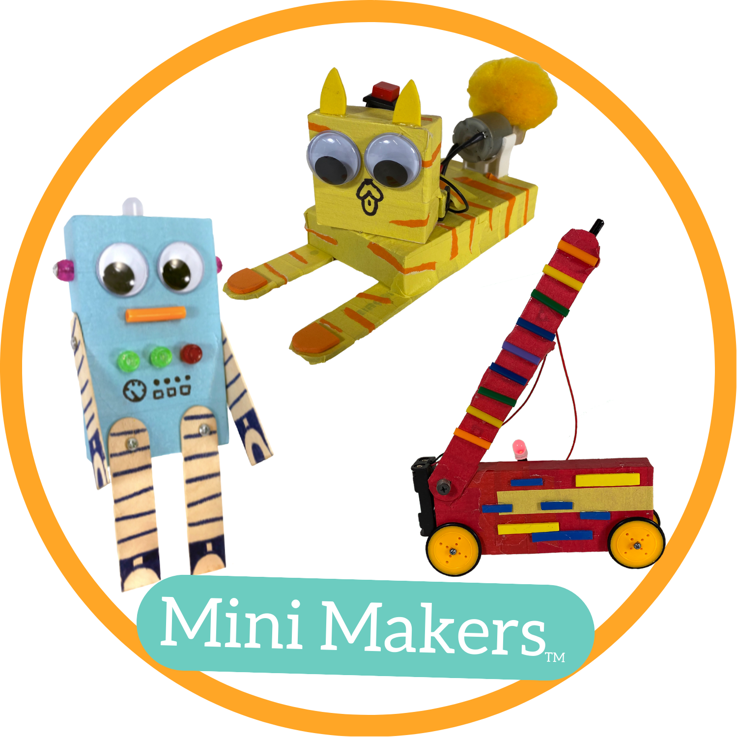 An orange circle with three sample robots in it and the words "Mini Makers" in a teal bubble