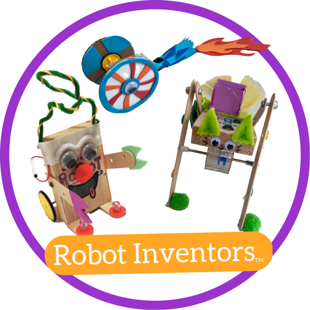 A purple circle with three sample robots in it and the words "Robot Inventors" in an orange bubble
