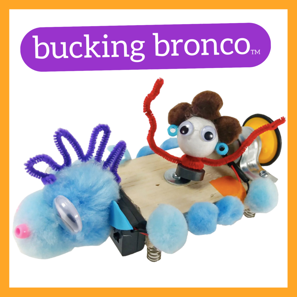 Photo of a robot with the words "bucking bronco" above it in a purple bubble, all in an orange outlined square