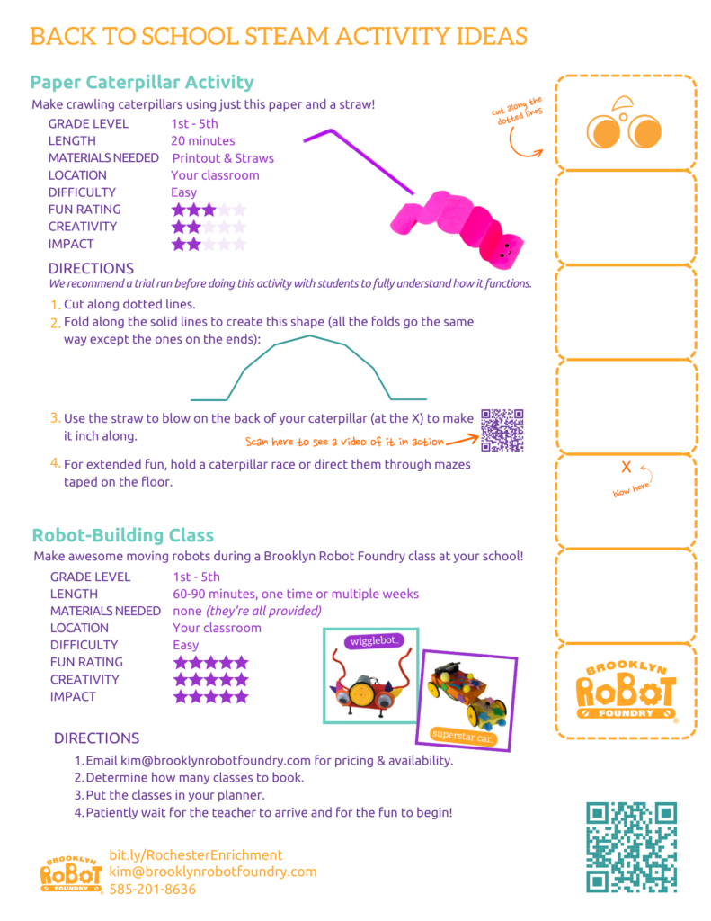 Lengthy instruction on how to build a paper caterpillar and how to book robot-building classes with Brooklyn Robot Foundry.