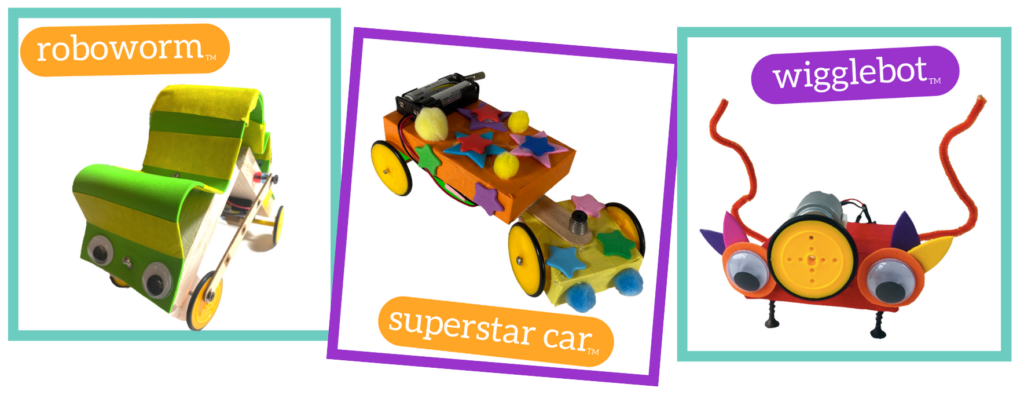 Photographs of a Roboworm, Superstar Car, and Wigglebot, all with their name in a colorful bubble next to it.