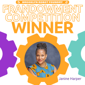 The words "Frandowment Competition Winner" and a picture of Janine Harper in an orange gear, with her name next to it